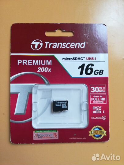 Карта памяти MicroSD флешка 16 gb Transcend