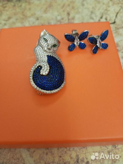 Брошь кошка из серебра и серьги бабочки