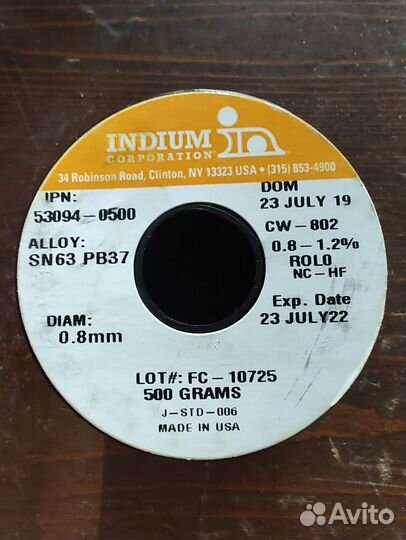 Припой sn63pb37 Indium CW-802. 0.8 мм, 500 г