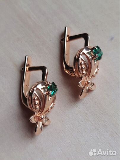 Золотые серьги СССР 585 изумрудами
