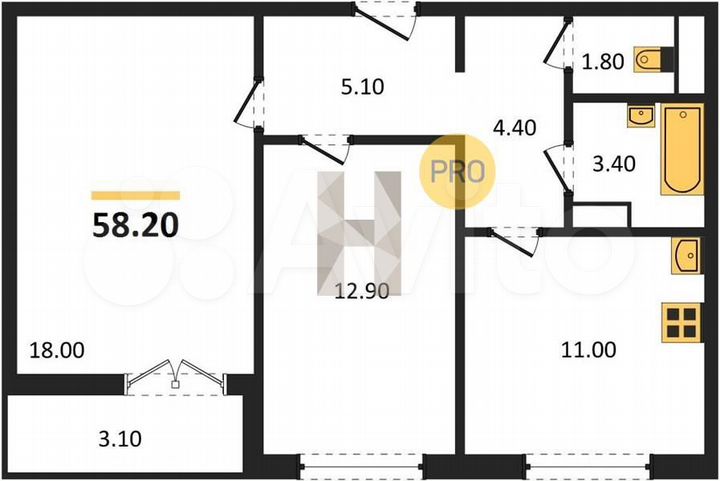 2-к. квартира, 58,2 м², 3/17 эт.