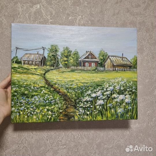 Картина маслом деревья пейзаж летний цветы 30х40