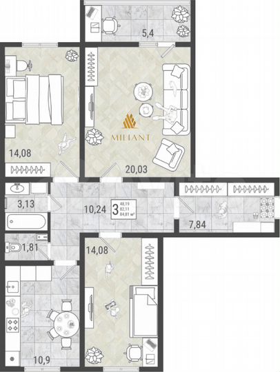 3-к. квартира, 84,8 м², 4/9 эт.