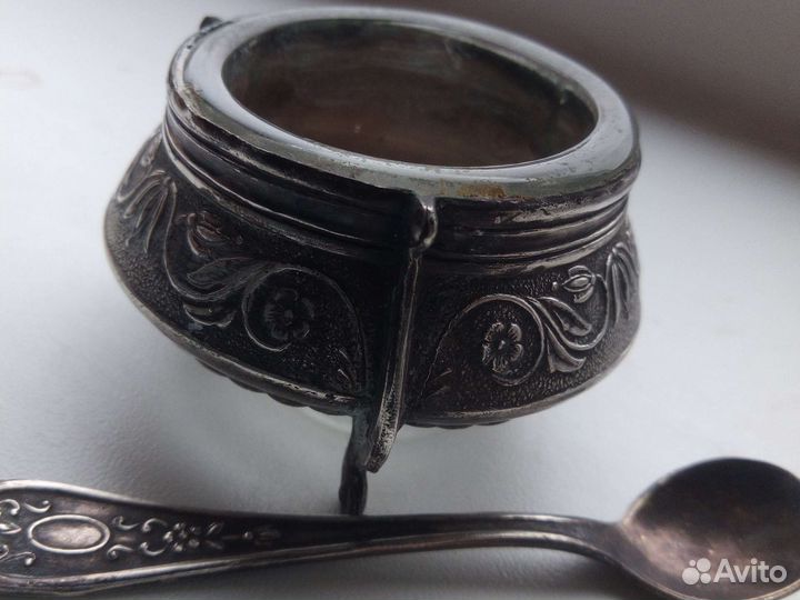 Солонка мельхиор СССР, с ложечкой