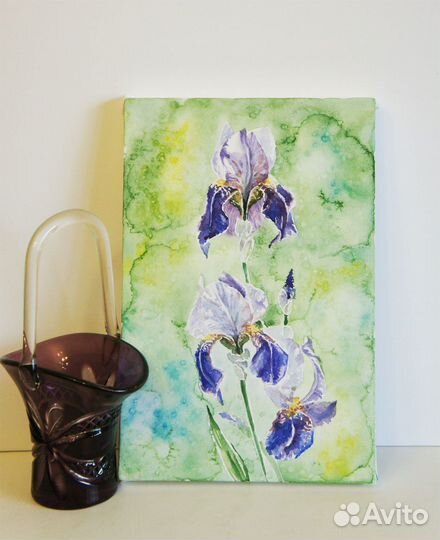 Ирисы в саду. Акварельная картина