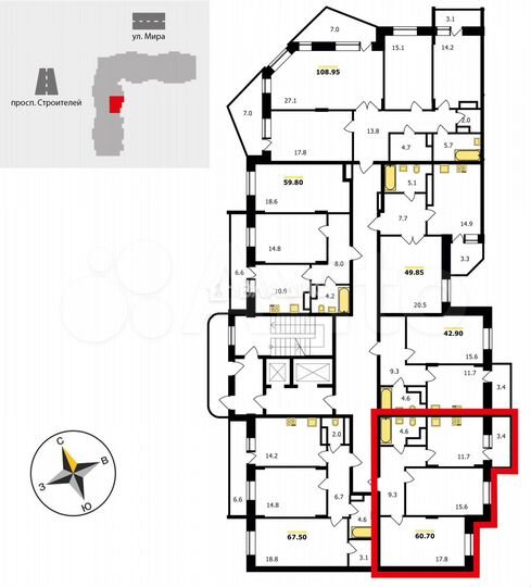 2-к. квартира, 60,7 м², 13/19 эт.