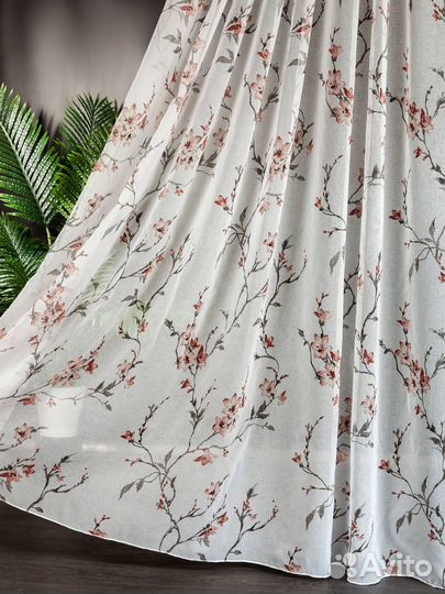 Тюль лен Сакура (гранатовый)