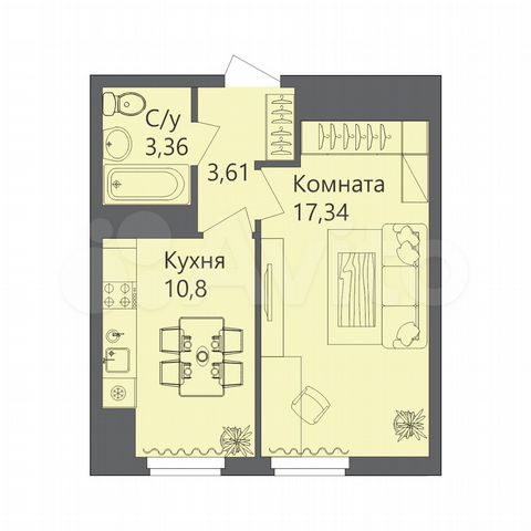 1-к. квартира, 34,4 м², 2/10 эт.