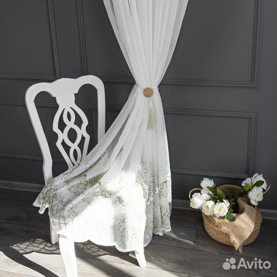 Тюль Флоренция зеленый готовый на окна пошив