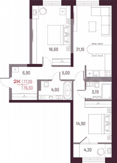 2-к. квартира, 77,2 м², 3/25 эт.