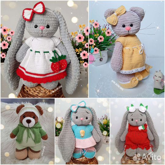 Вязаные игрушки. Зайка. Мишка. Кошка