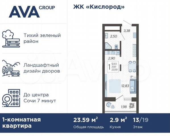 Квартира-студия, 23,6 м², 13/19 эт.