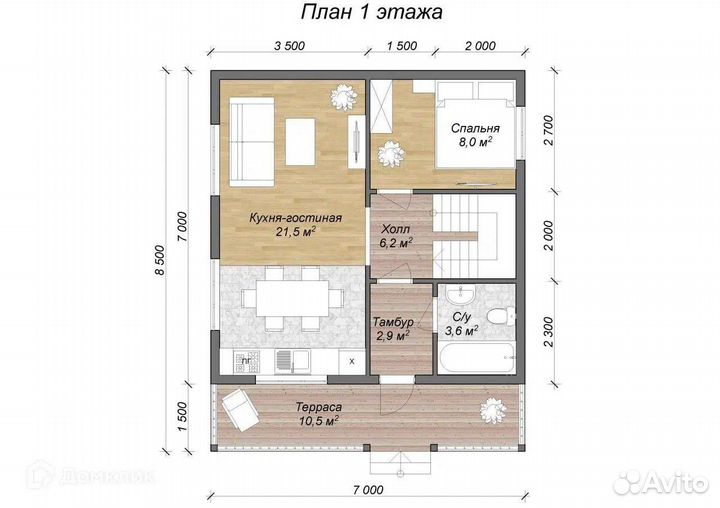 Дом из бруса под усадку 7x7 м / 98 м2