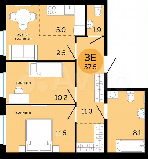 3-к. квартира, 57,5 м², 14/17 эт.