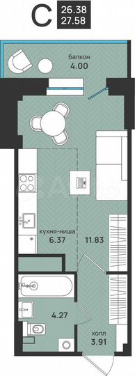 Квартира-студия, 27,6 м², 5/9 эт.