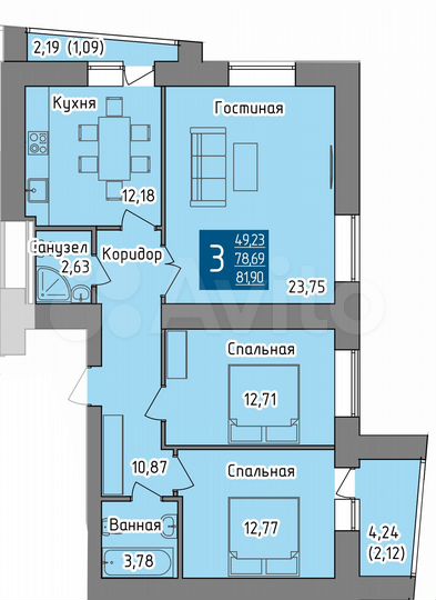 3-к. квартира, 81,9 м², 14/19 эт.