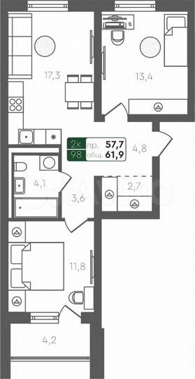 2-к. квартира, 61,9 м², 4/5 эт.