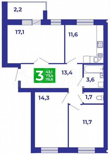 3-к. квартира, 75,6 м², 3/9 эт.