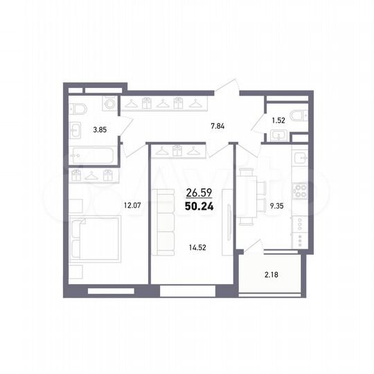 2-к. квартира, 50,2 м², 2/26 эт.