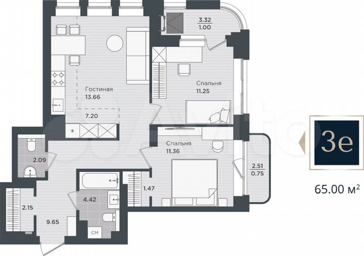 3-к. квартира, 65 м², 4/24 эт.