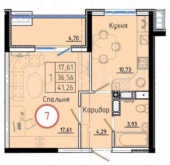 1-к. квартира, 41,3 м², 2/8 эт.