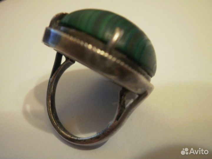 Кольцо крупный малахит серебро Индия 80 винтаж
