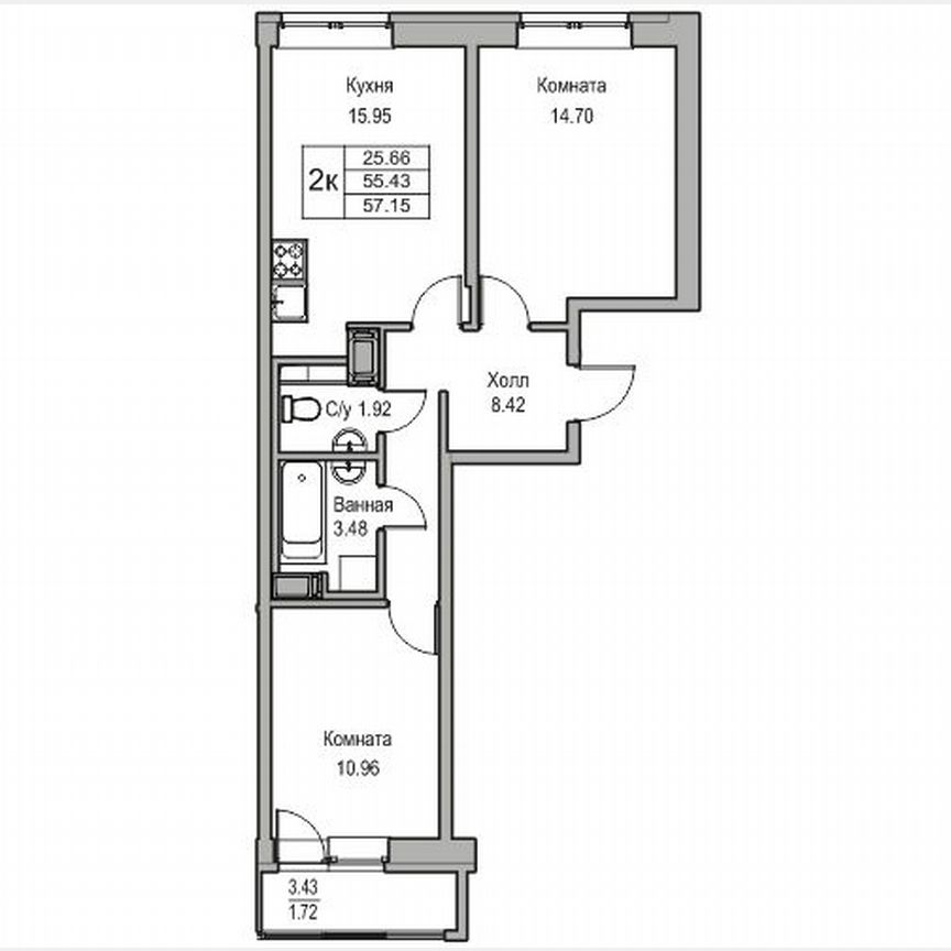 2-к. квартира, 57,2 м², 19/23 эт.
