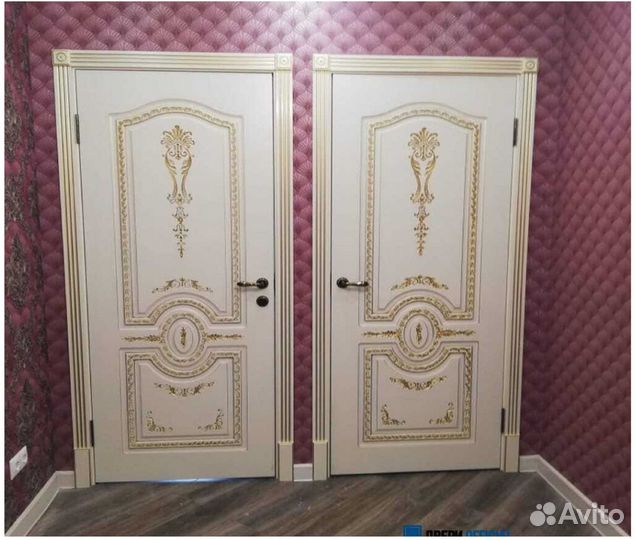 Дверь межкомнатная, эмаль, патина/золото, комплект