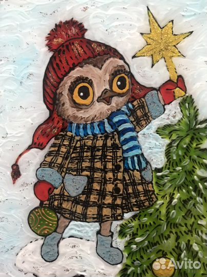 Ручная витражная роспись рамка, стекло, новогодняя