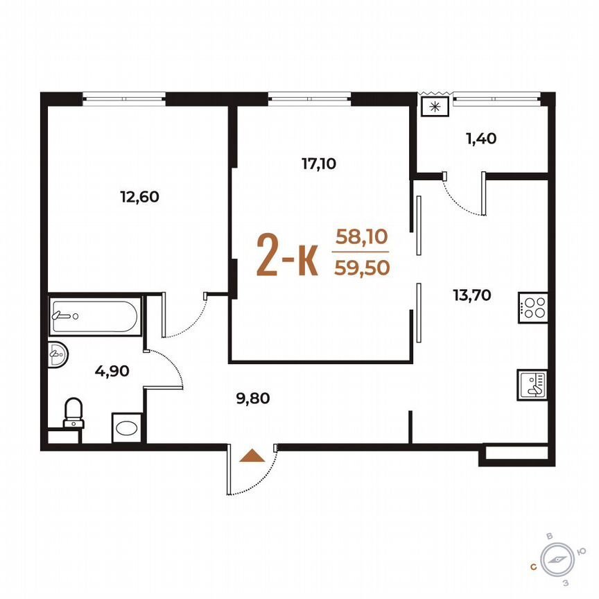 2-к. квартира, 59,5 м², 2/8 эт.