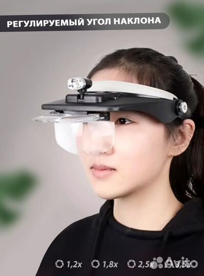 Лупа (очки) налобная с подсветкой и набором линз