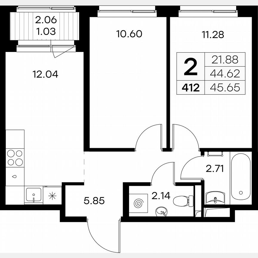 2-к. квартира, 45,7 м², 2/9 эт.