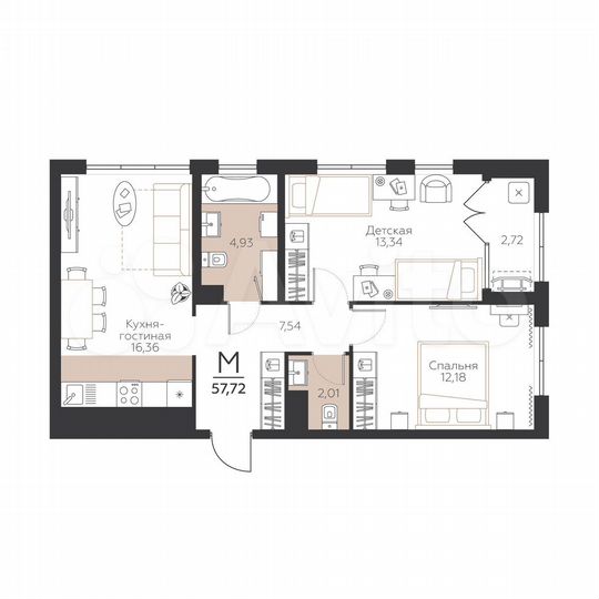 2-к. квартира, 57,7 м², 5/5 эт.