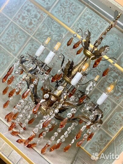 Антикварная бронзовая хрустальная люстра 14 ламп