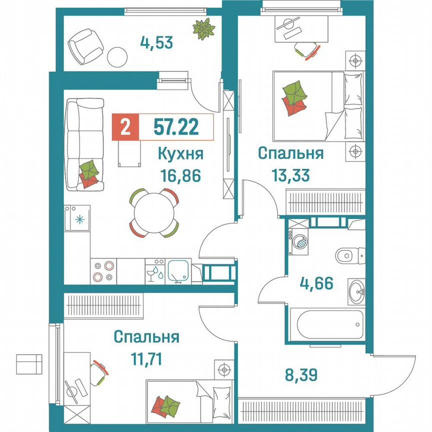 2-к. квартира, 57,2 м², 6/18 эт.