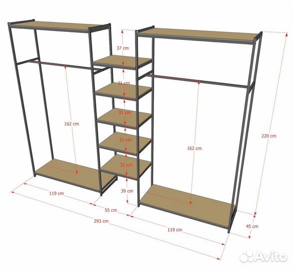 Стеллаж Лофт для одежды кд-2213 комбинированный