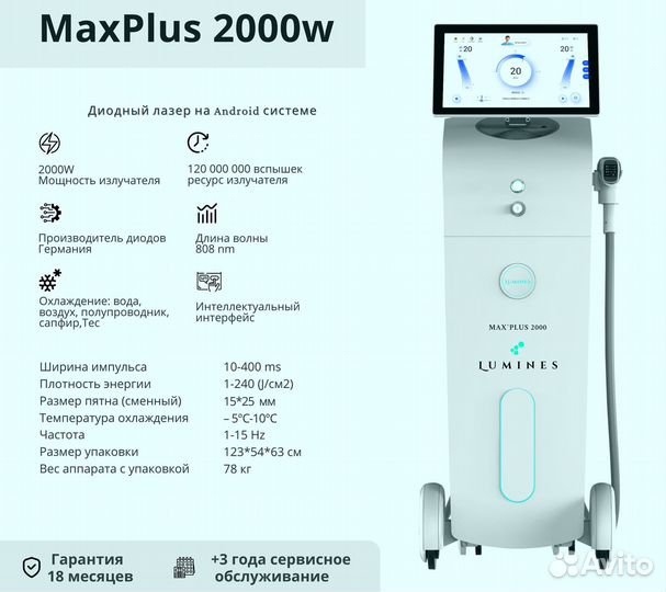 Диодный лазер для эпиляции люминес Max’Plus 2000W