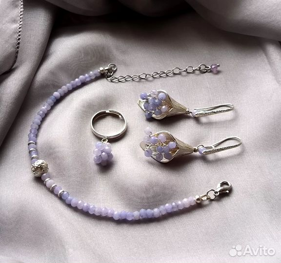 Комплект серьги браслет кольцо агат натуральный