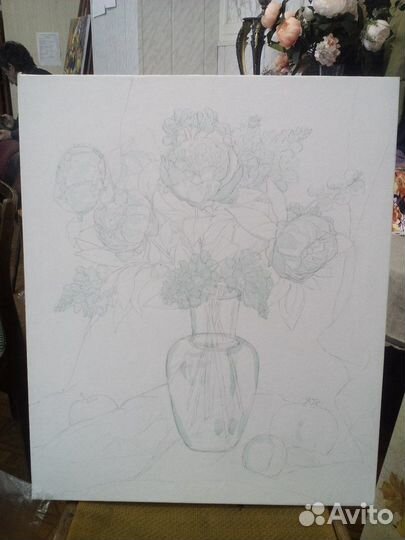 Картина С пионами акварель