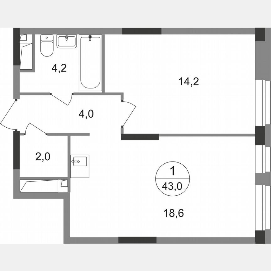 1-к. квартира, 43 м², 17/19 эт.