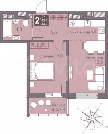 2-к. квартира, 44,7 м², 9/16 эт.