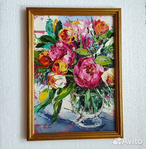 Картина маслом в рамке цветы пионы букет цветов