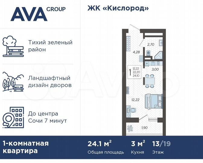 Квартира-студия, 24,1 м², 13/19 эт.