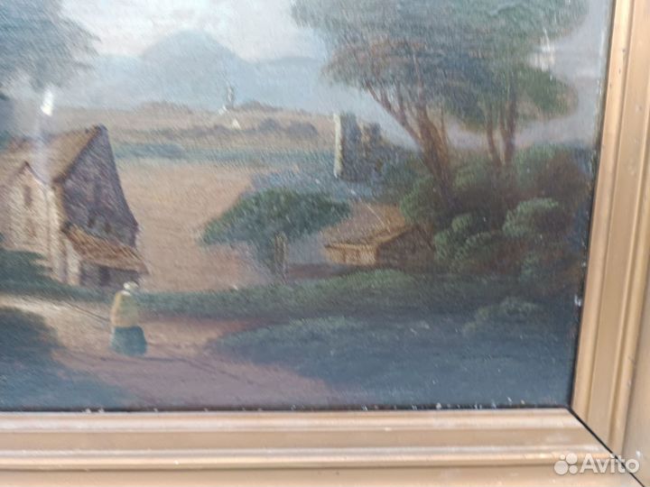 Картина антикварная холст масло Сельская жизнь Ра