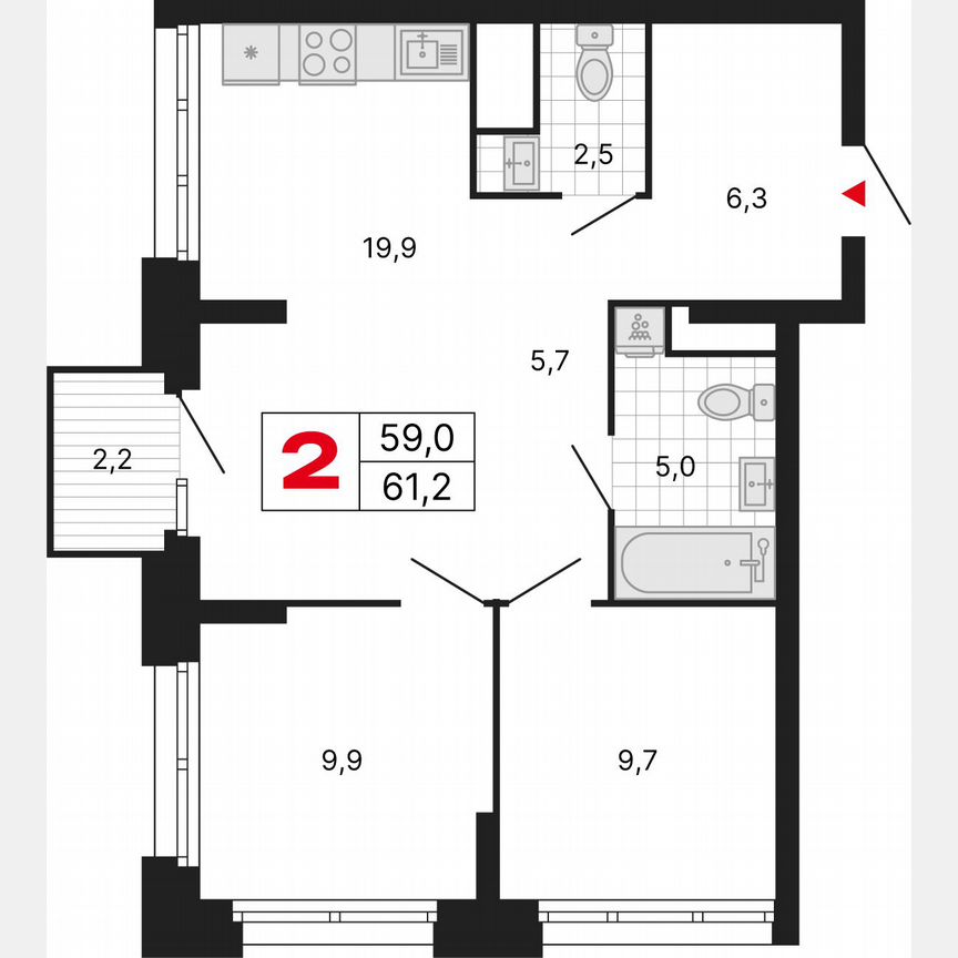 2-к. квартира, 61,2 м², 4/29 эт.