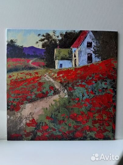 Картина на холсте маковое поле дом на холме