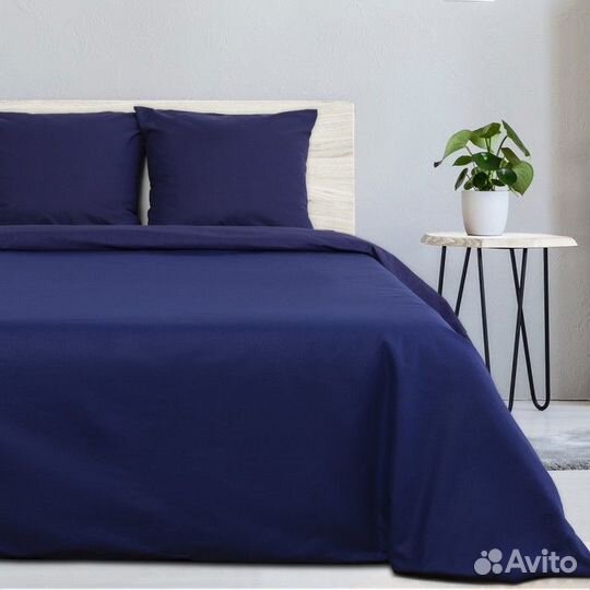 Постельное белье синее двухспальное поплин