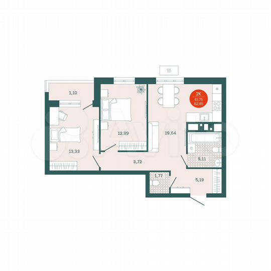 2-к. квартира, 61,8 м², 12/24 эт.