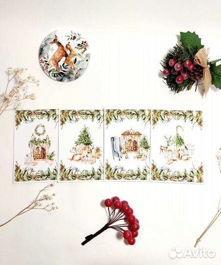 Открытка акварель Новый год 4шт