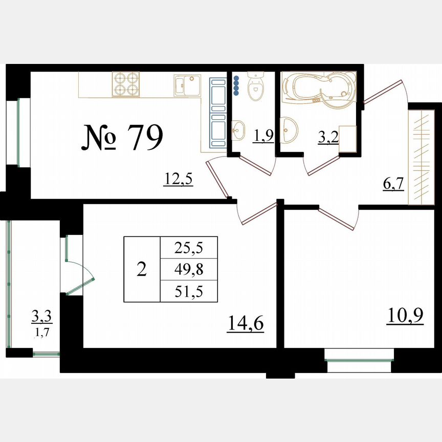 2-к. квартира, 51,5 м², 2/8 эт.